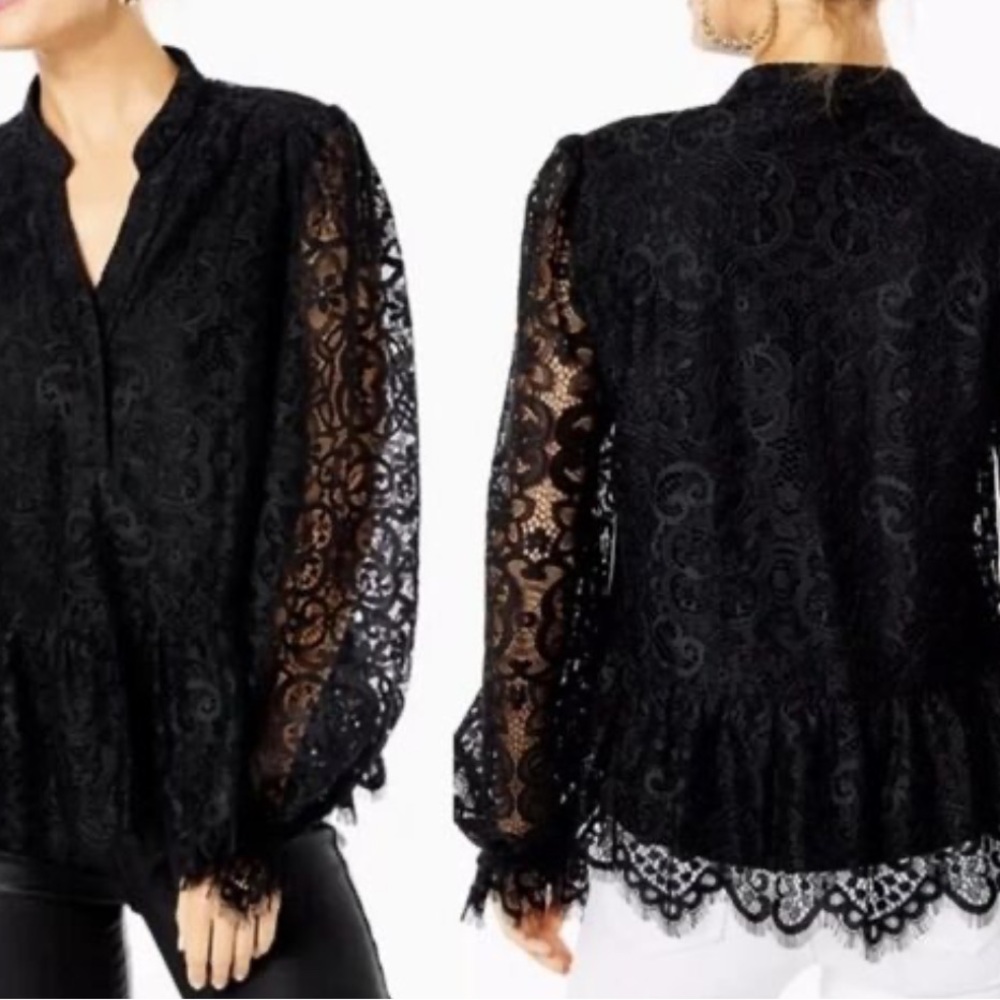 Lilly Pulitzer Sz XL Jacelynne Black Lace Top Peplum Ruffle Onyx - Picture 4 of 10